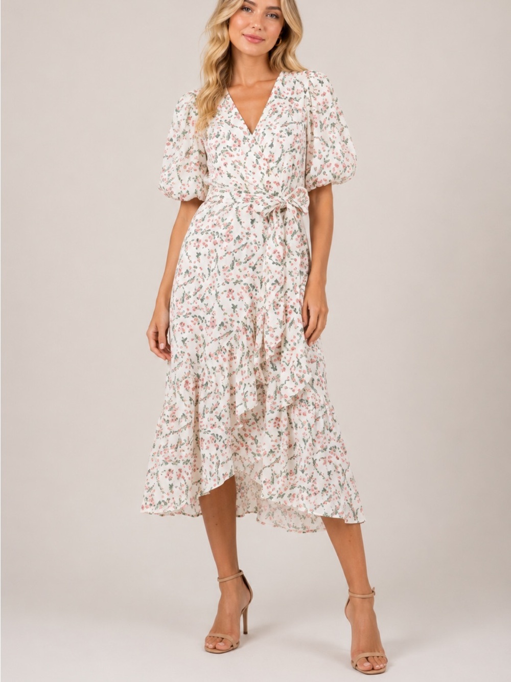 MINKPINK White floral Kacey Puff Sleeve Midi Dress Size Small 8138